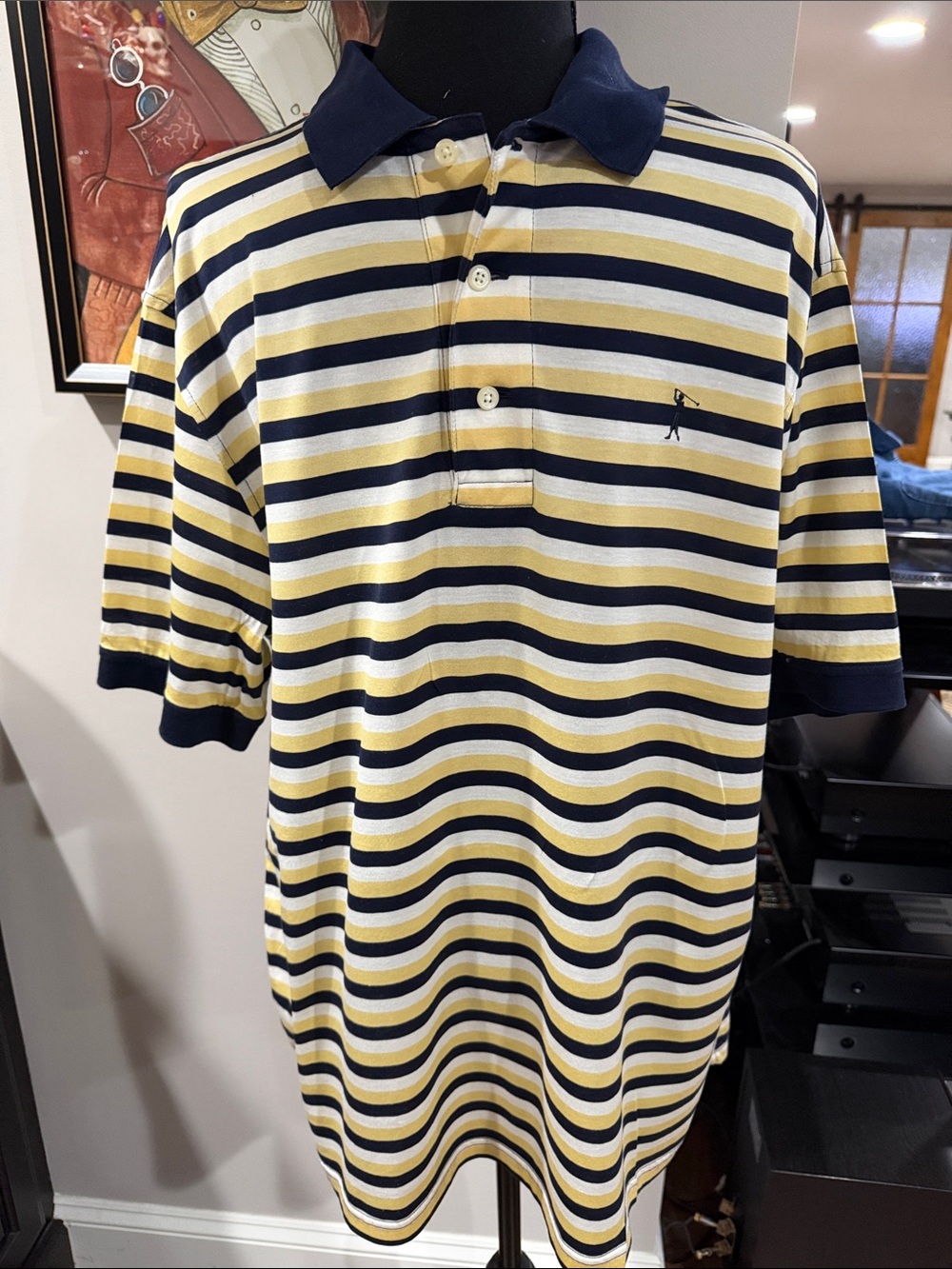 Men’s Daniel Cremieux Golf Classic Striped Polo Shirt Navy & Yellow Size L